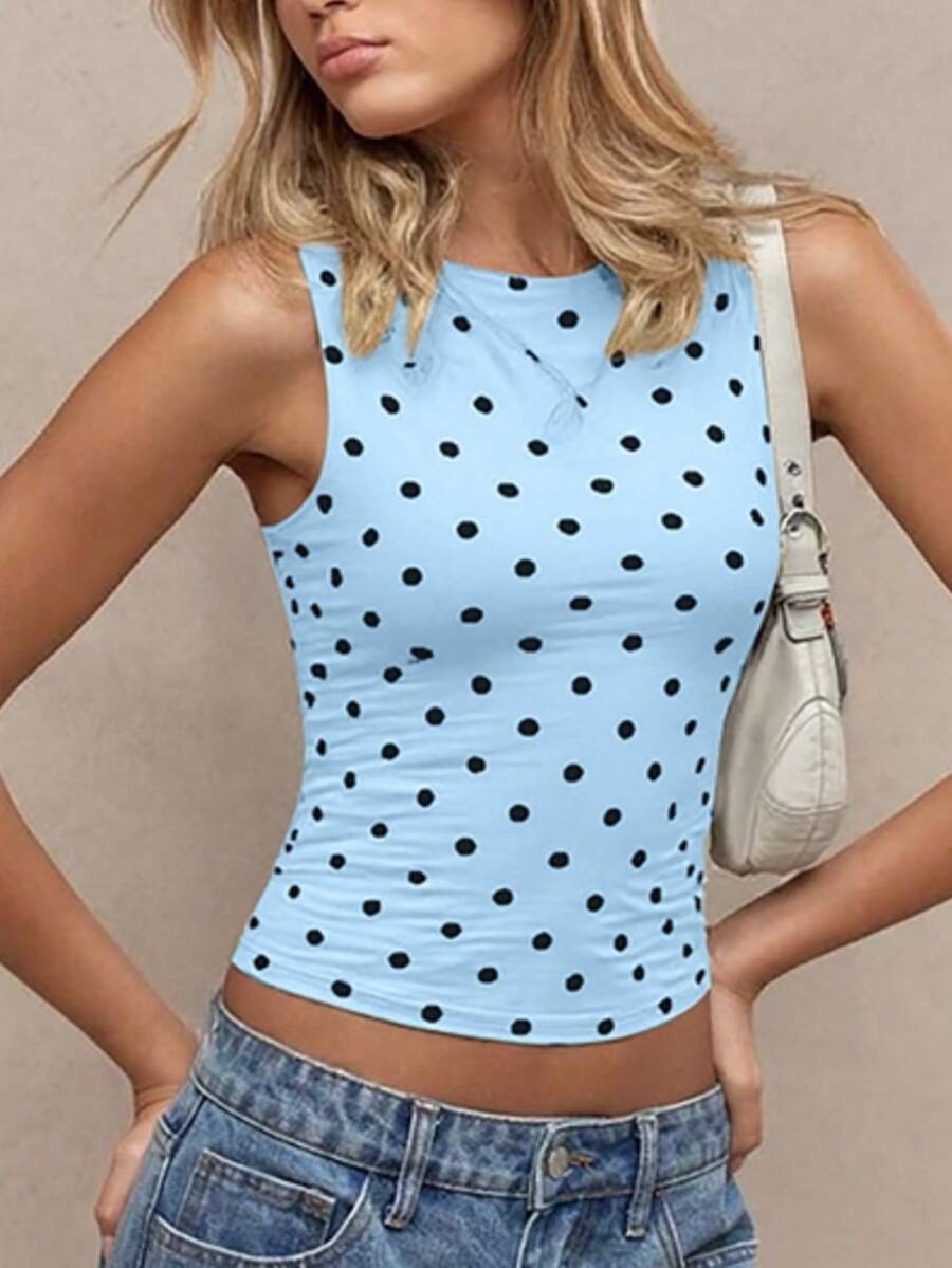 Women's polka dot sleeveless tank top with round neck, ruched rib-knit detail, regular hem, and slim fit casual style