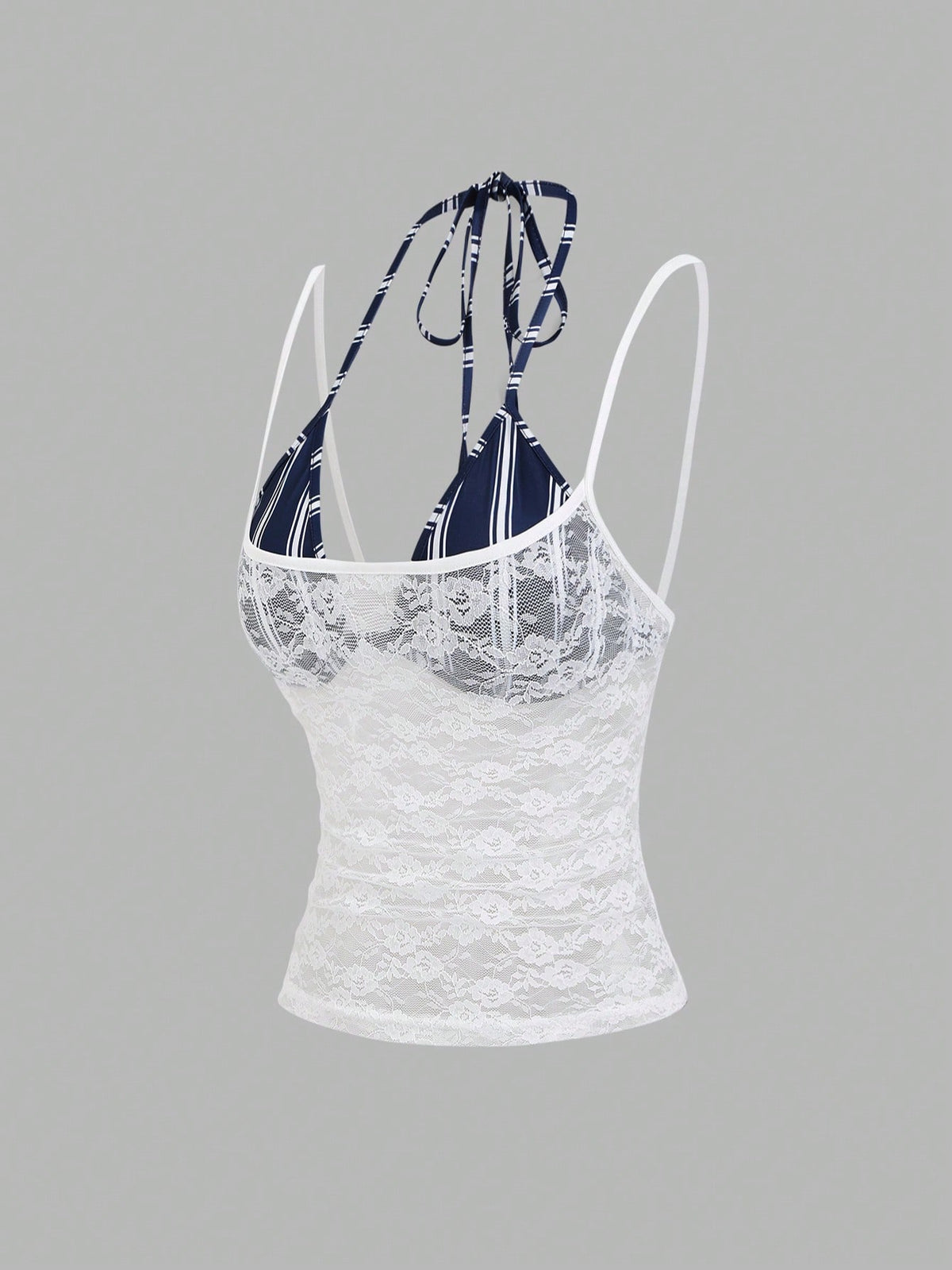 Women's black lace halter crop camisole featuring tie-back details, slim fit design, and matching arm sleeves.