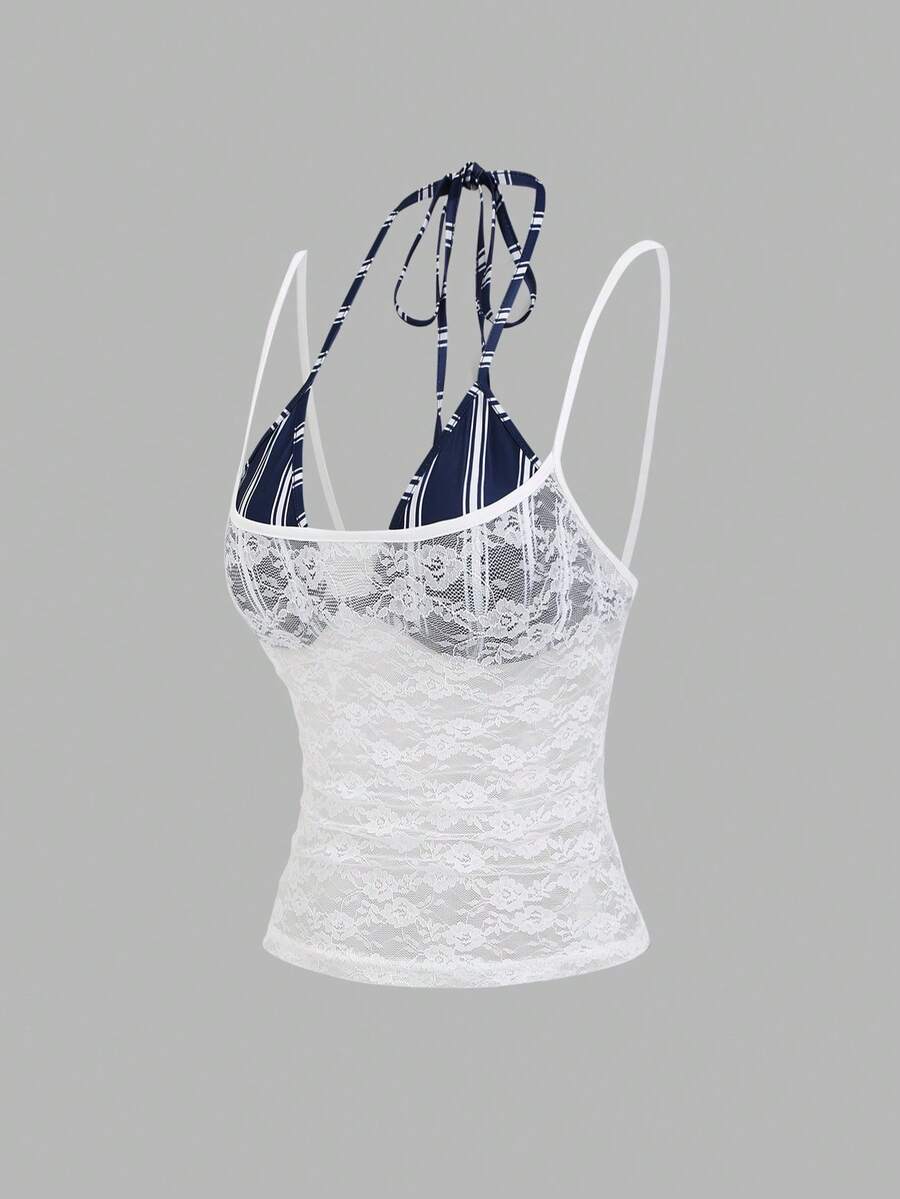 Women's black lace halter crop camisole featuring tie-back details, slim fit design, and matching arm sleeves.