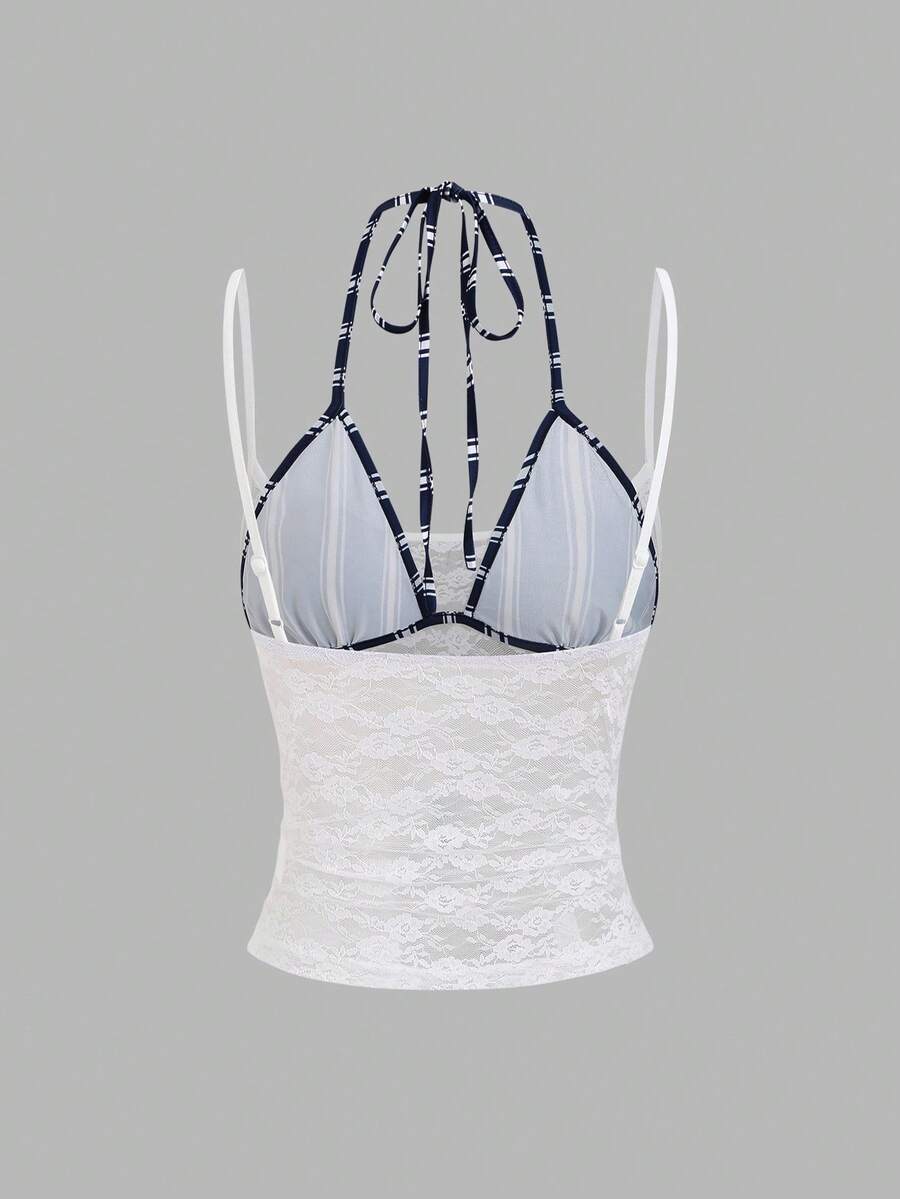 Women's black lace halter crop camisole featuring tie-back details, slim fit design, and matching arm sleeves.