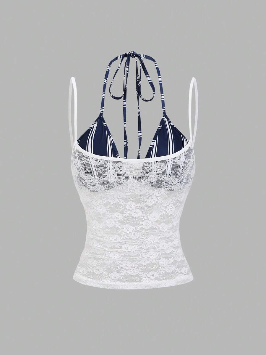 Women's black lace halter crop camisole featuring tie-back details, slim fit design, and matching arm sleeves.