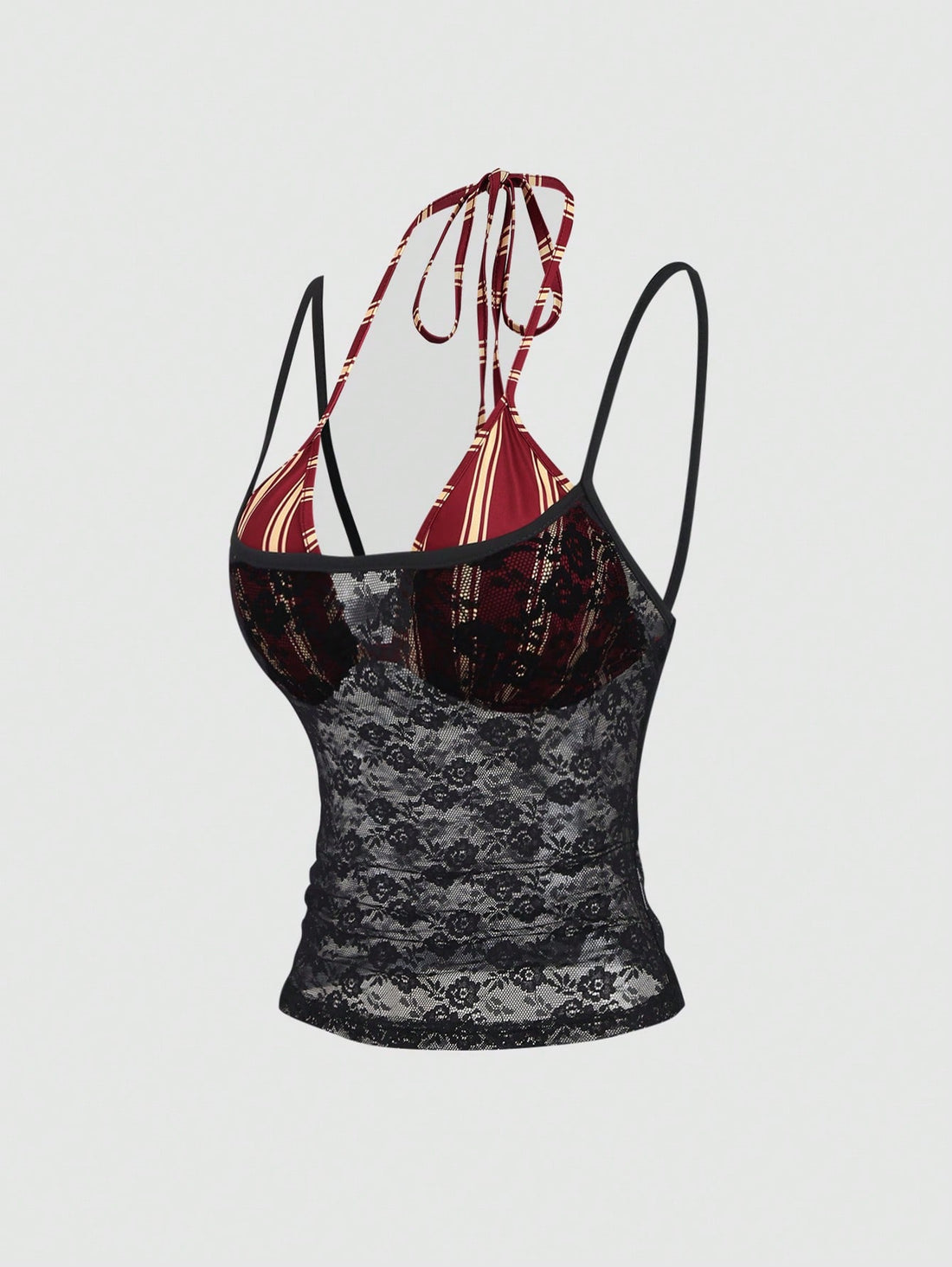 Women's black lace halter crop camisole featuring tie-back details, slim fit design, and matching arm sleeves.