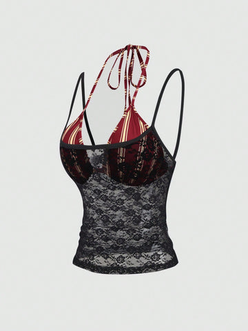 Women's black lace halter crop camisole featuring tie-back details, slim fit design, and matching arm sleeves.