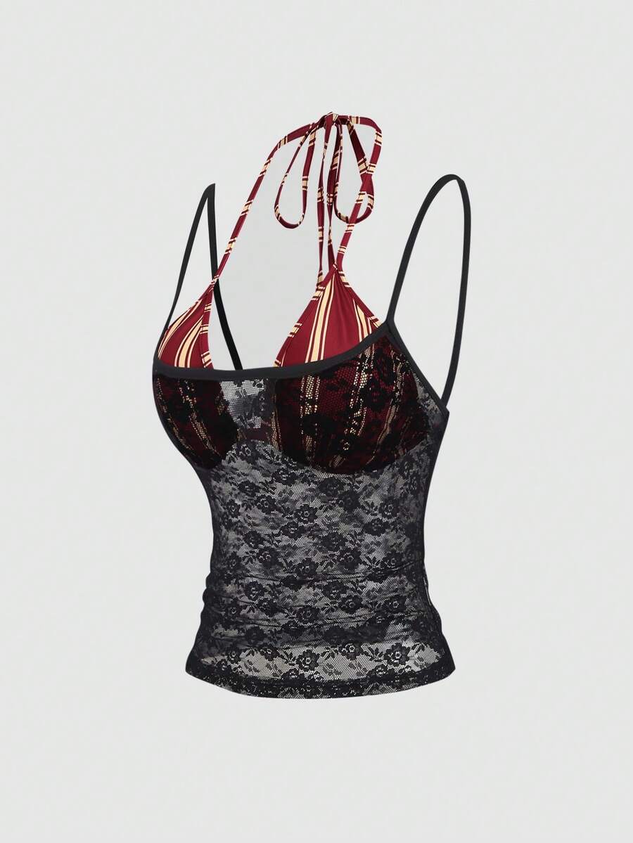 Women's black lace halter crop camisole featuring tie-back details, slim fit design, and matching arm sleeves.