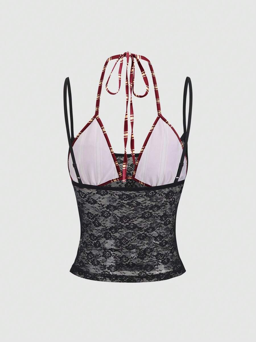 Women's black lace halter crop camisole featuring tie-back details, slim fit design, and matching arm sleeves.