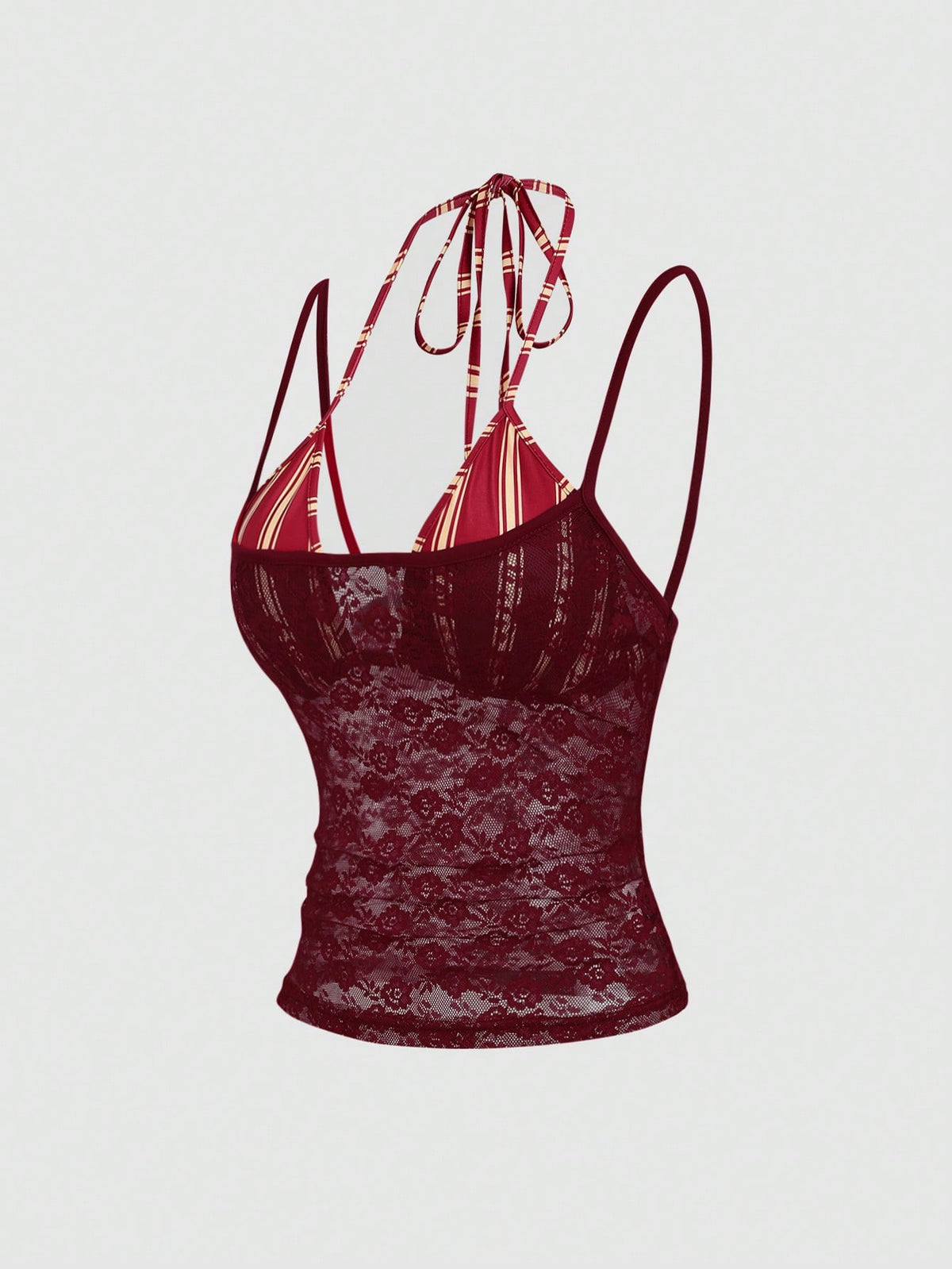 Women's black lace halter crop camisole featuring tie-back details, slim fit design, and matching arm sleeves.