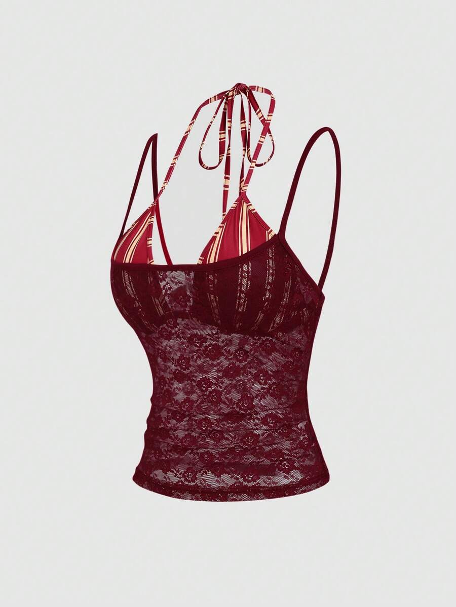 Women's black lace halter crop camisole featuring tie-back details, slim fit design, and matching arm sleeves.