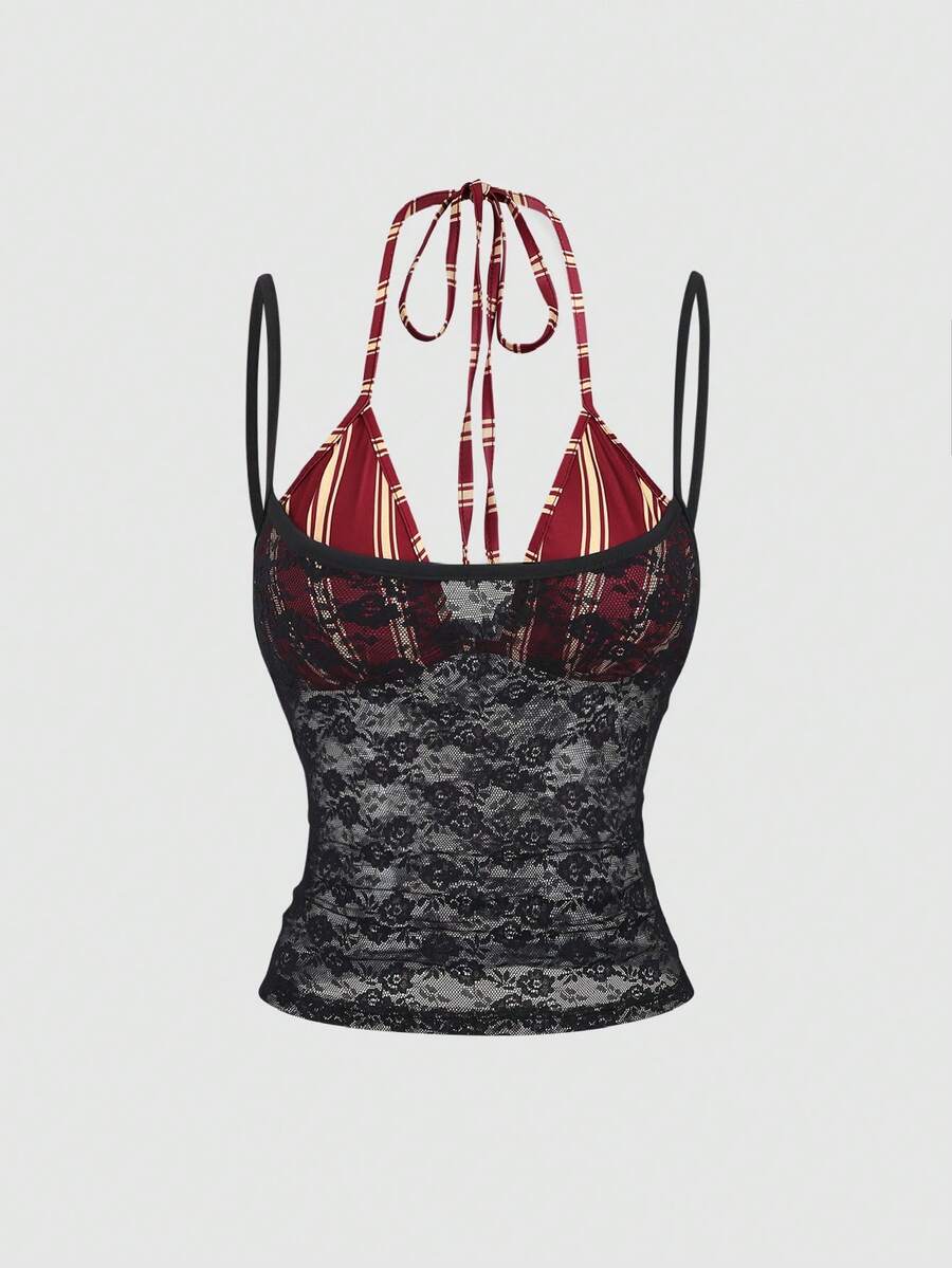 Women's black lace halter crop camisole featuring tie-back details, slim fit design, and matching arm sleeves.