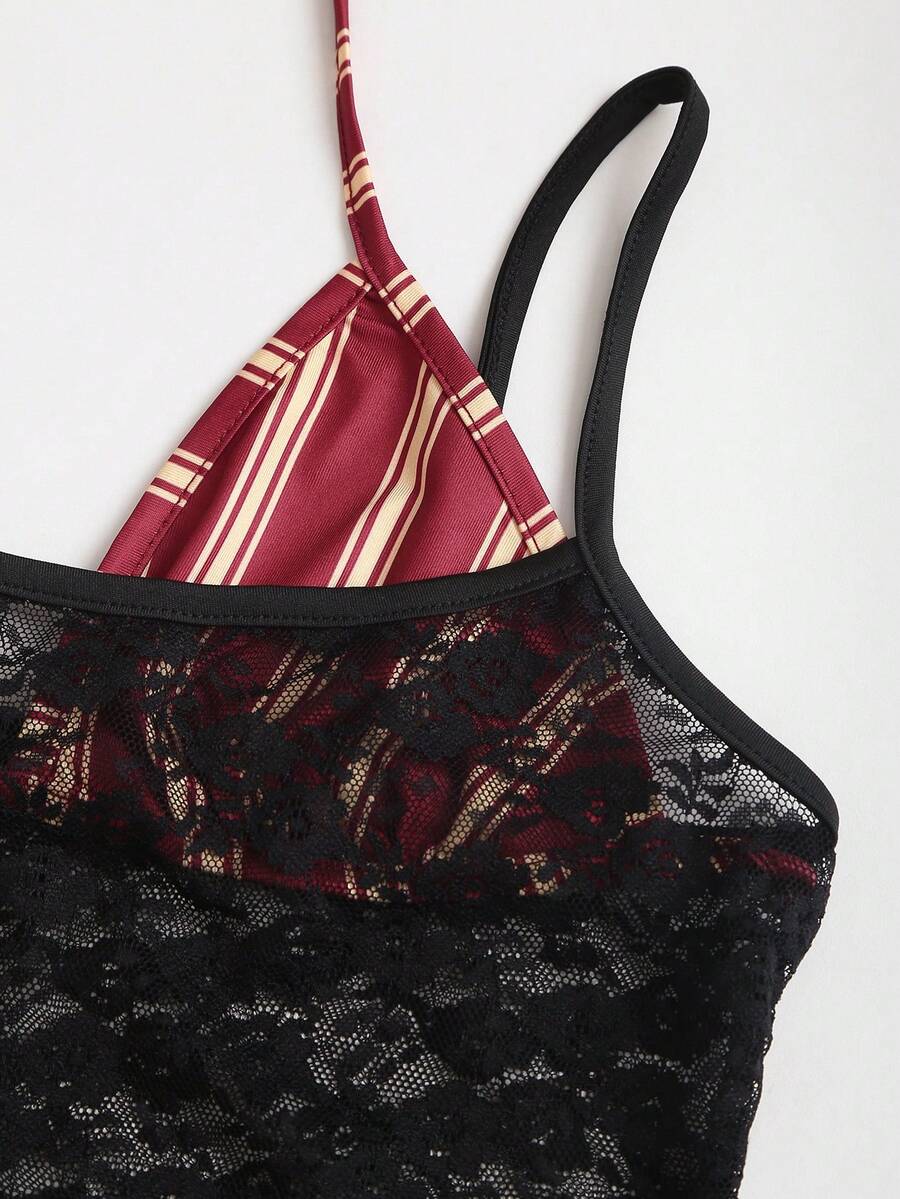 Women's black lace halter crop camisole featuring tie-back details, slim fit design, and matching arm sleeves.
