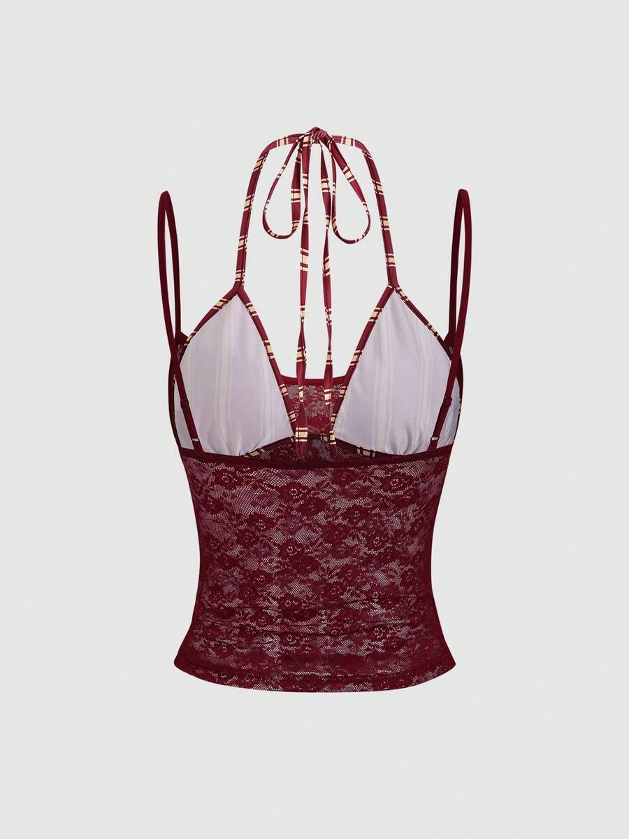 Women's black lace halter crop camisole featuring tie-back details, slim fit design, and matching arm sleeves.