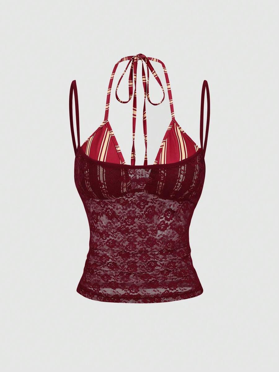 Women's black lace halter crop camisole featuring tie-back details, slim fit design, and matching arm sleeves.