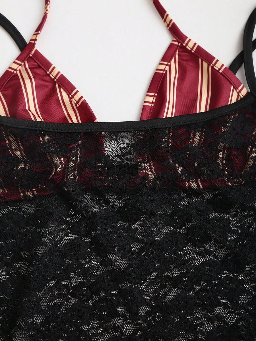 Women's black lace halter crop camisole featuring tie-back details, slim fit design, and matching arm sleeves.