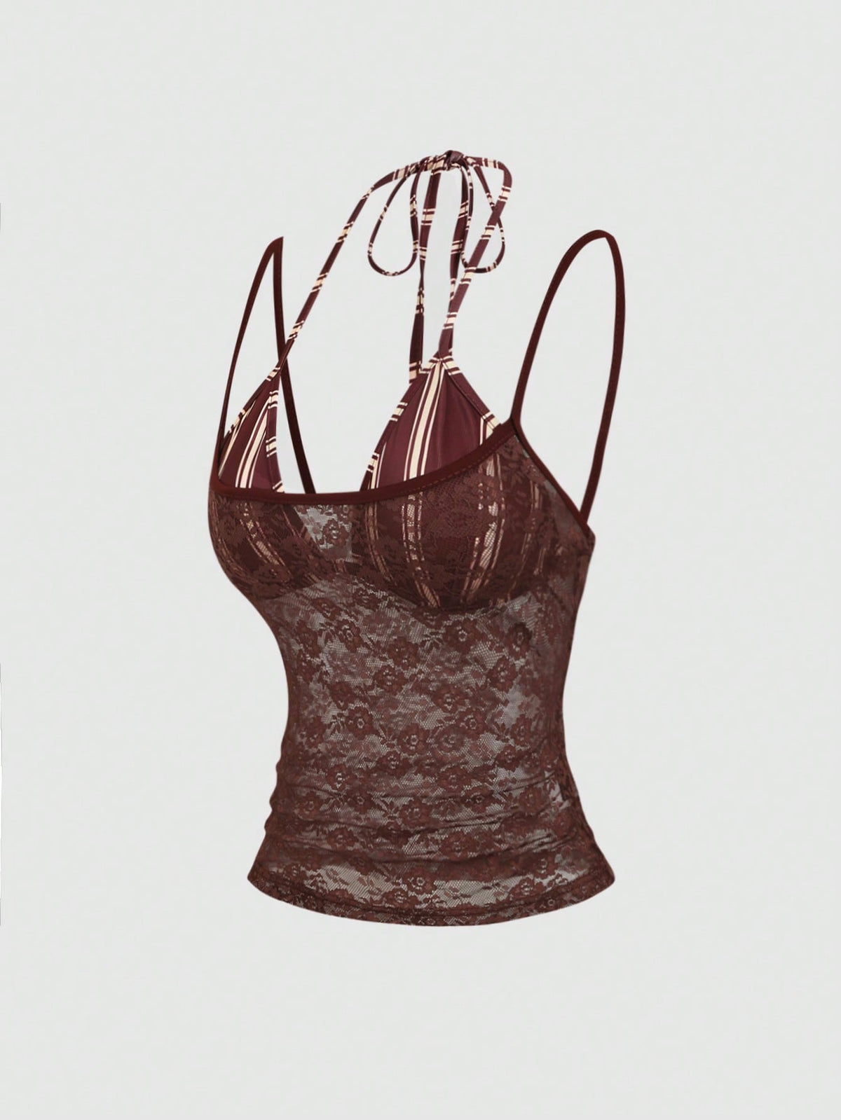 Women's black lace halter crop camisole featuring tie-back details, slim fit design, and matching arm sleeves.