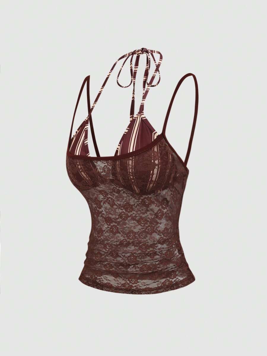 Women's black lace halter crop camisole featuring tie-back details, slim fit design, and matching arm sleeves.