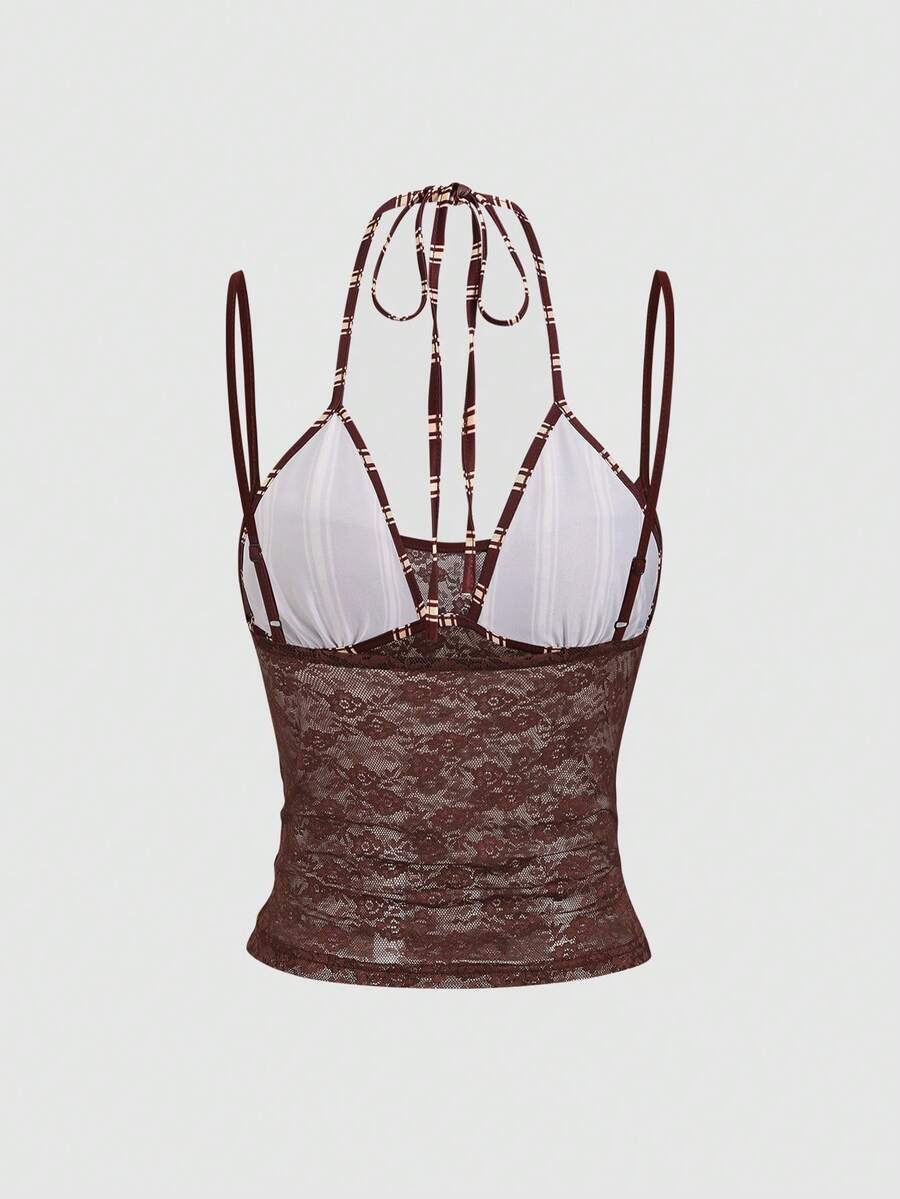 Women's black lace halter crop camisole featuring tie-back details, slim fit design, and matching arm sleeves.