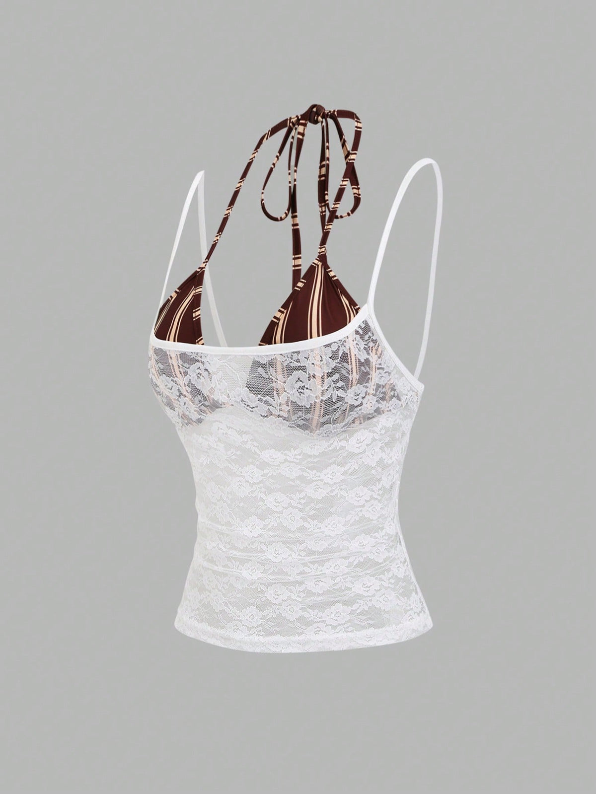 Women's black lace halter crop camisole featuring tie-back details, slim fit design, and matching arm sleeves.