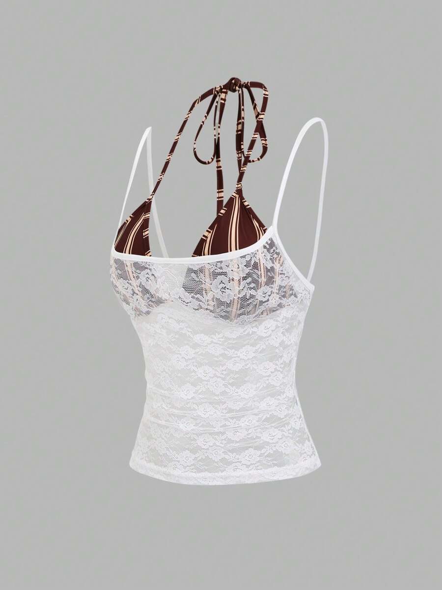 Women's black lace halter crop camisole featuring tie-back details, slim fit design, and matching arm sleeves.