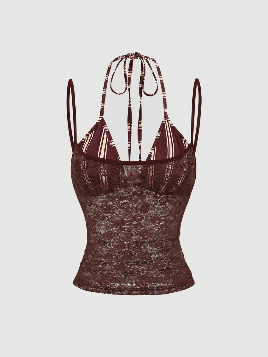 Women's black lace halter crop camisole featuring tie-back details, slim fit design, and matching arm sleeves.
