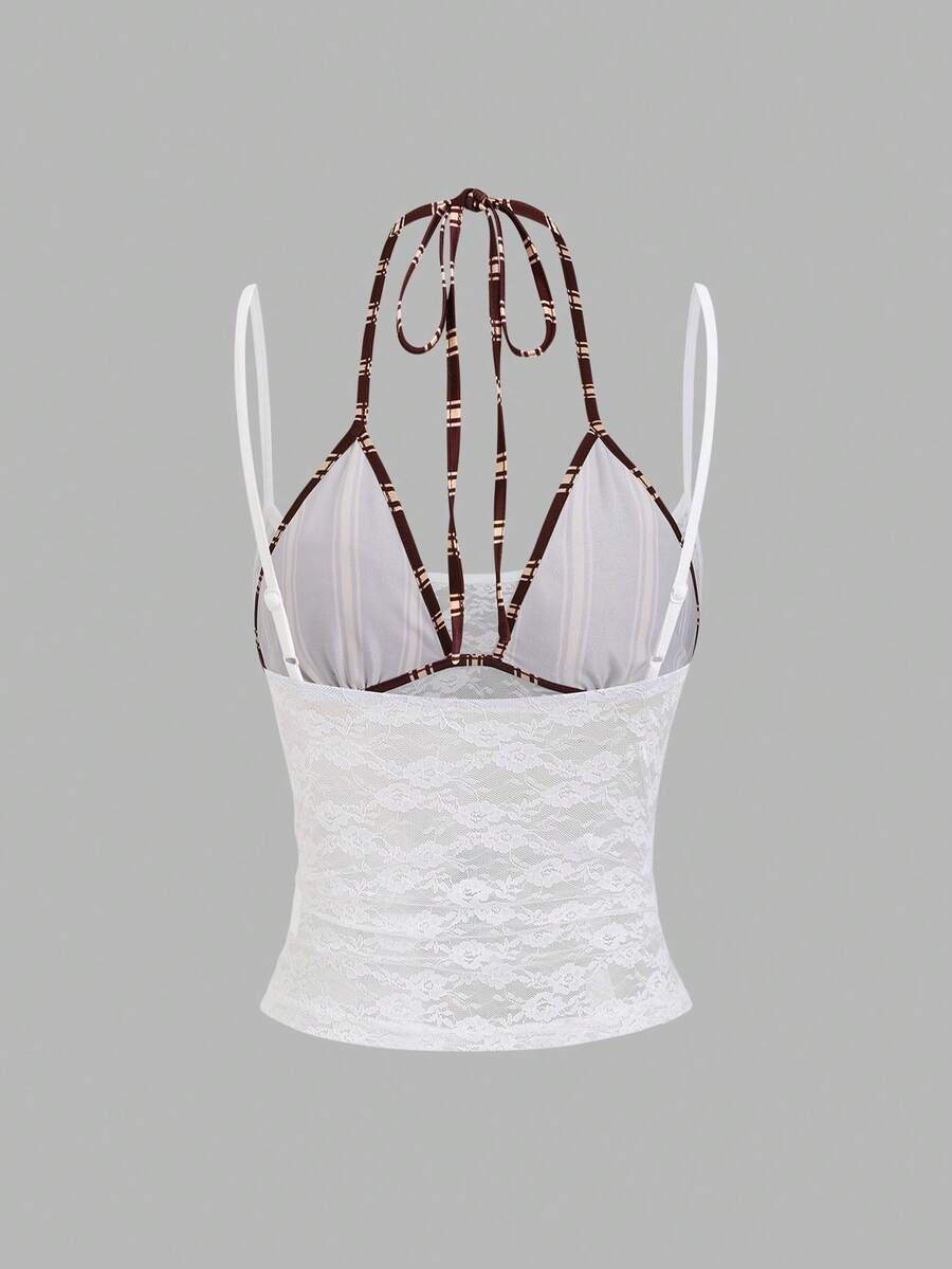 Women's black lace halter crop camisole featuring tie-back details, slim fit design, and matching arm sleeves.