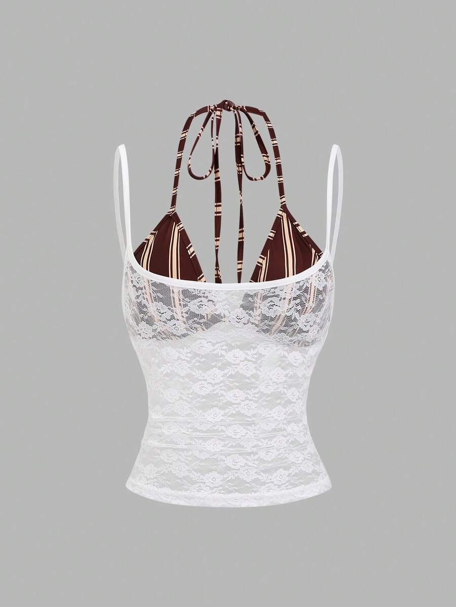 Women's black lace halter crop camisole featuring tie-back details, slim fit design, and matching arm sleeves.