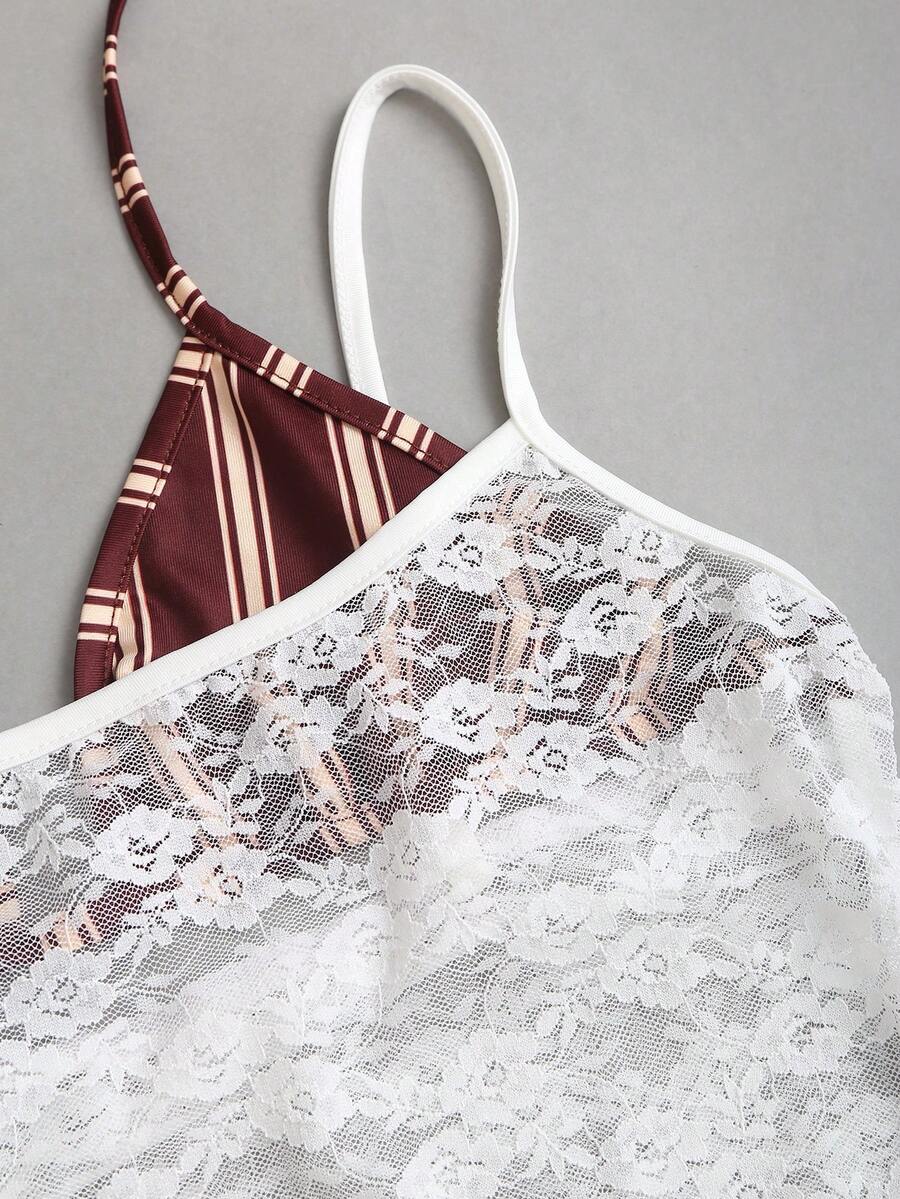 Women's black lace halter crop camisole featuring tie-back details, slim fit design, and matching arm sleeves.