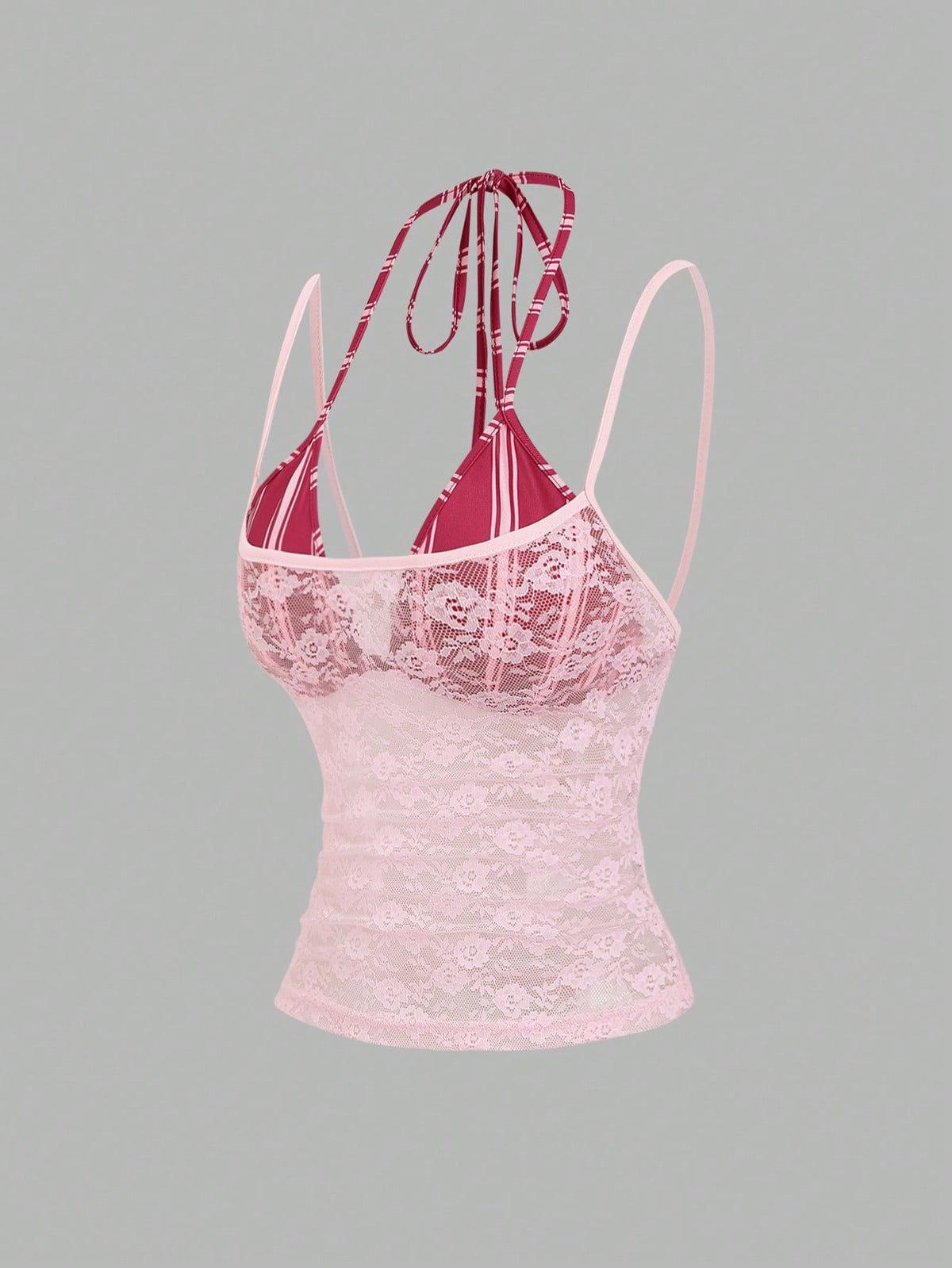 Women's black lace halter crop camisole featuring tie-back details, slim fit design, and matching arm sleeves.