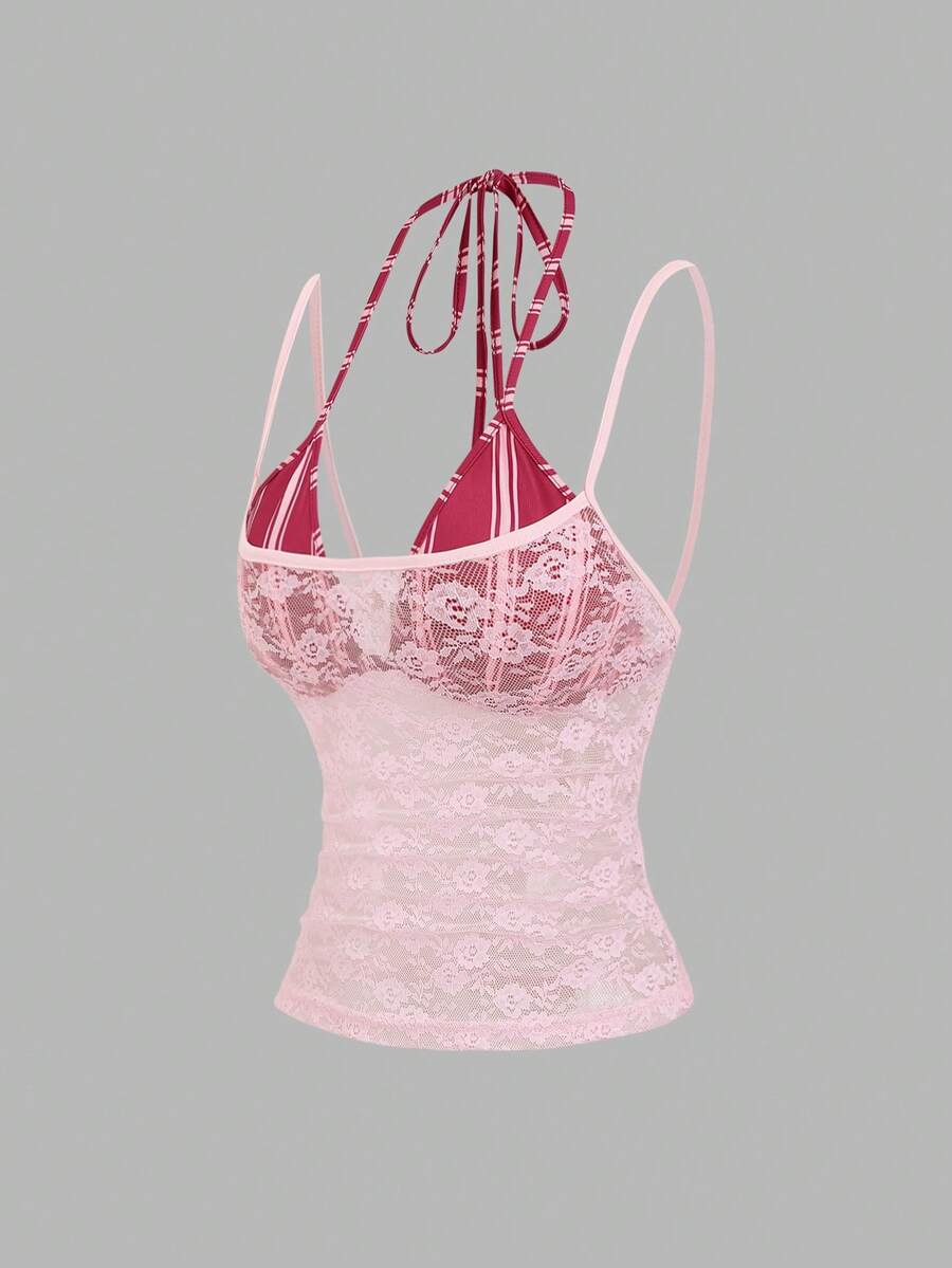 Women's black lace halter crop camisole featuring tie-back details, slim fit design, and matching arm sleeves.