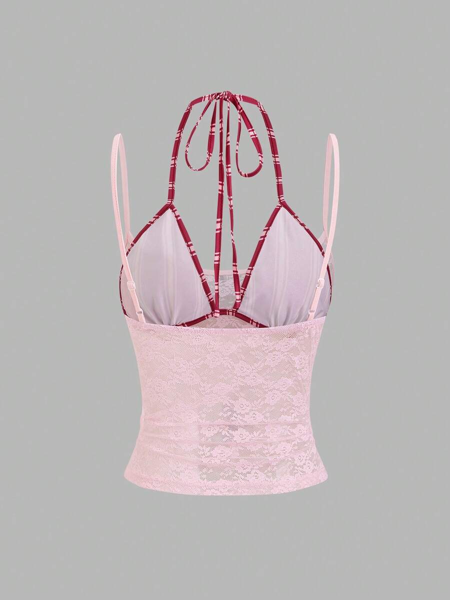 Women's black lace halter crop camisole featuring tie-back details, slim fit design, and matching arm sleeves.