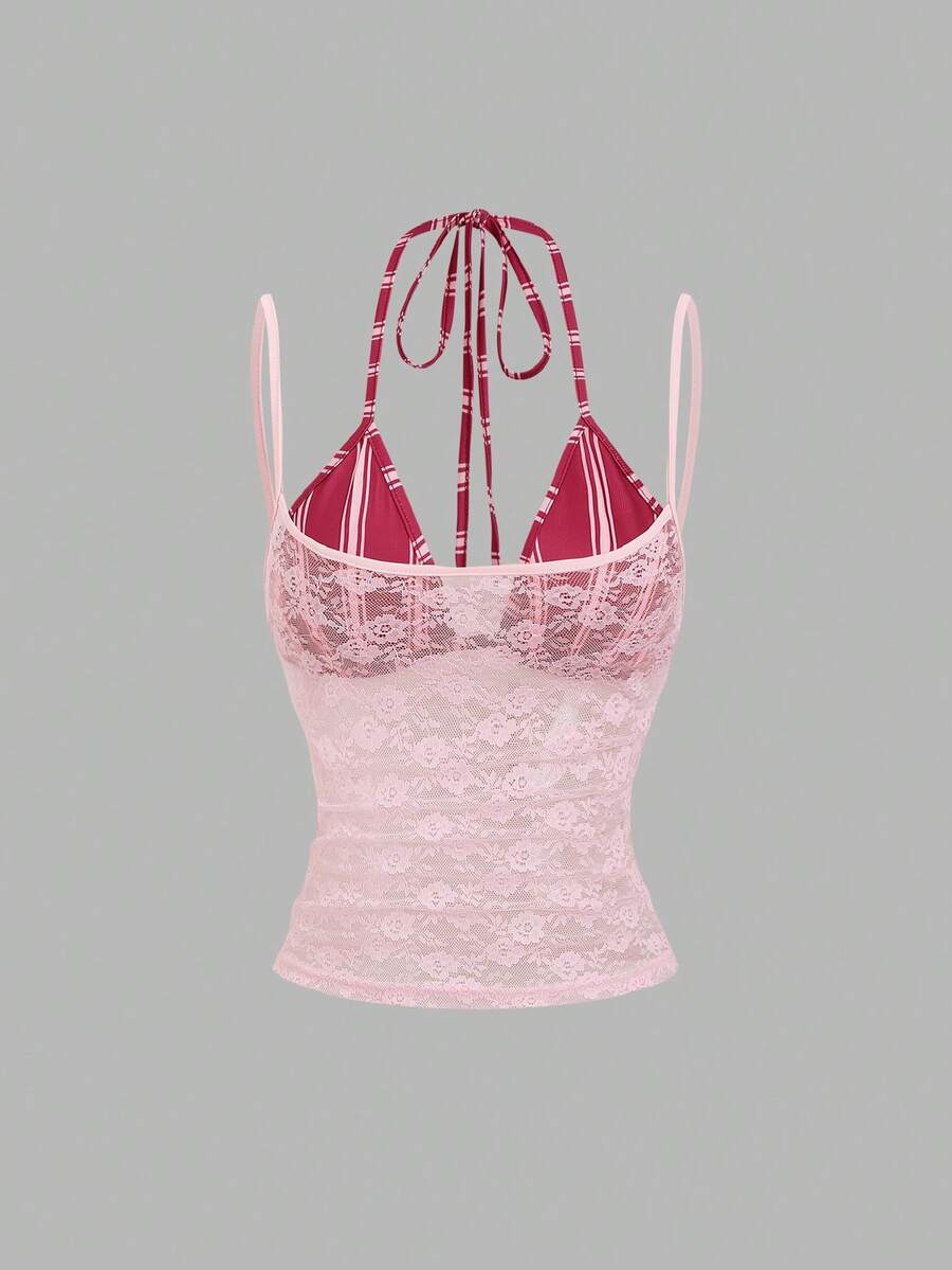 Women's black lace halter crop camisole featuring tie-back details, slim fit design, and matching arm sleeves.