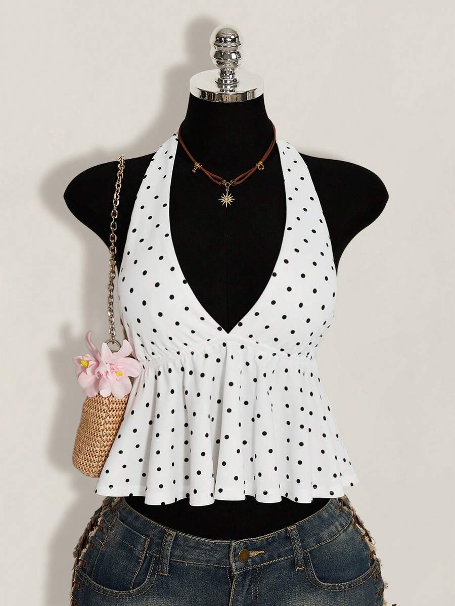 Women's polka dot print halter camisole with backless knot detail, ruched front, slim fit, and flared ruffle hem