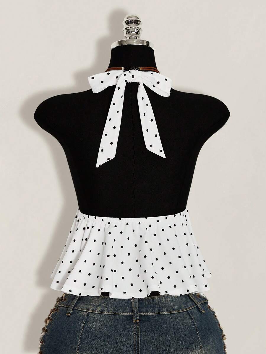 Women's polka dot print halter camisole with backless knot detail, ruched front, slim fit, and flared ruffle hem