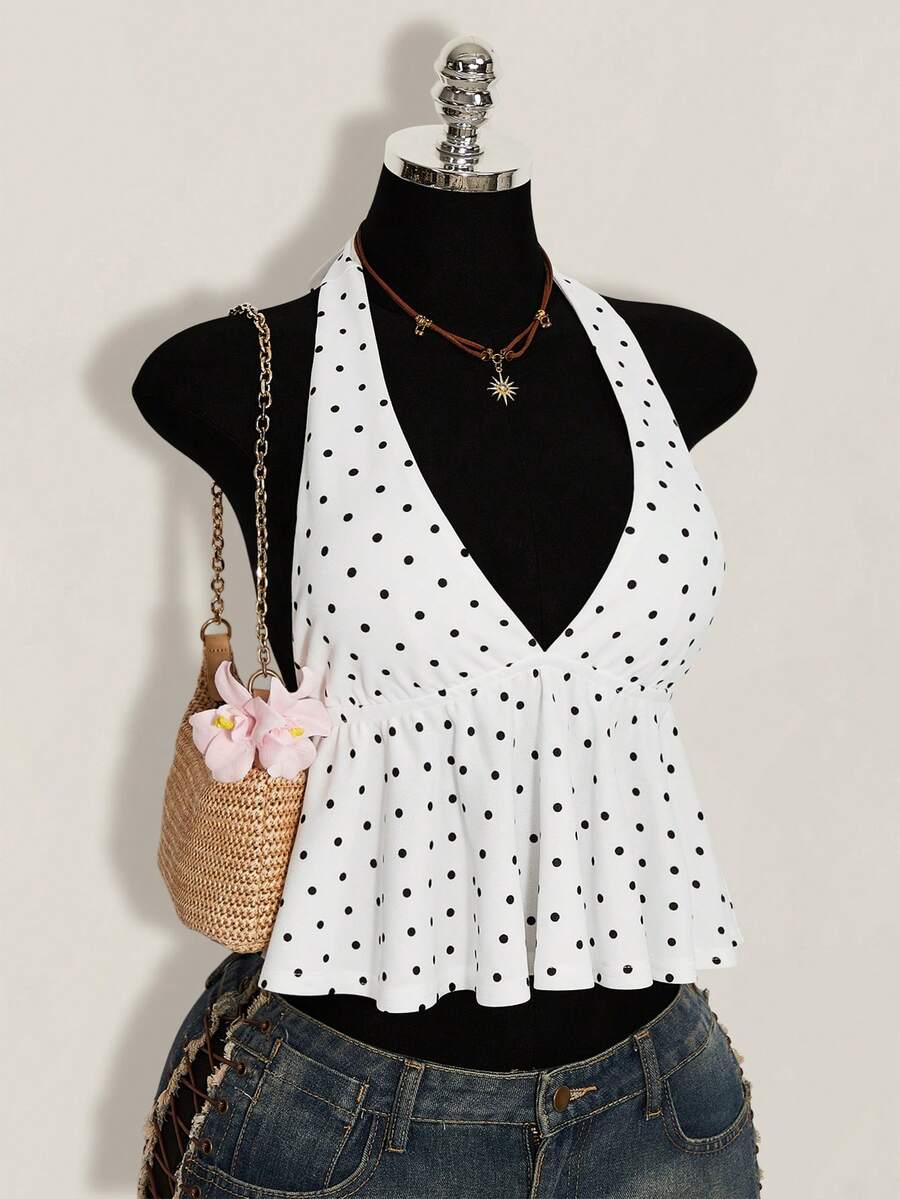Women's polka dot print halter camisole with backless knot detail, ruched front, slim fit, and flared ruffle hem