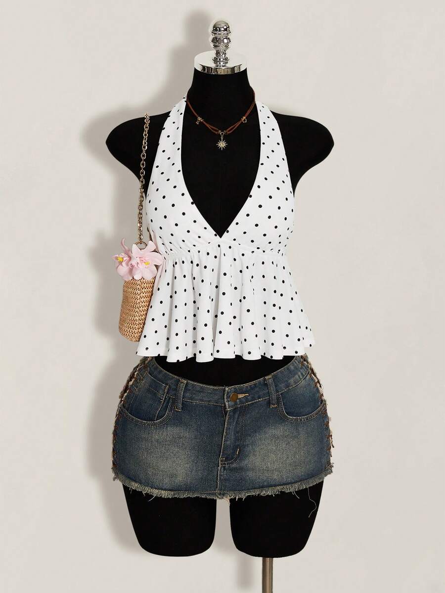 Women's polka dot print halter camisole with backless knot detail, ruched front, slim fit, and flared ruffle hem