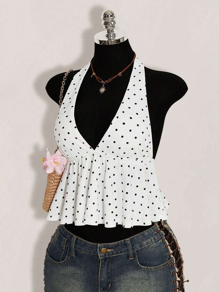 Women's polka dot print halter camisole with backless knot detail, ruched front, slim fit, and flared ruffle hem