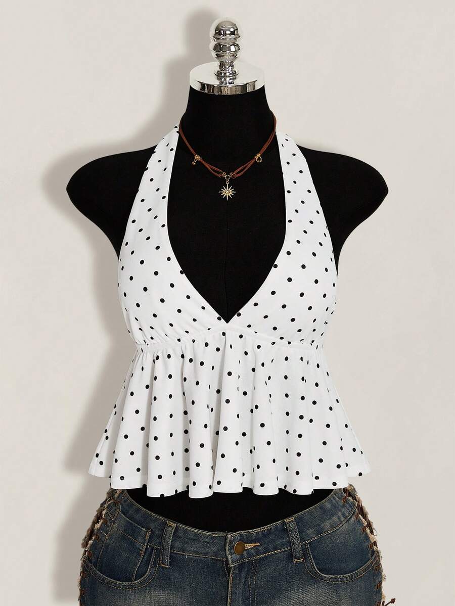 Women's polka dot print halter camisole with backless knot detail, ruched front, slim fit, and flared ruffle hem