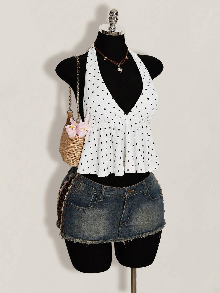 Women's polka dot print halter camisole with backless knot detail, ruched front, slim fit, and flared ruffle hem