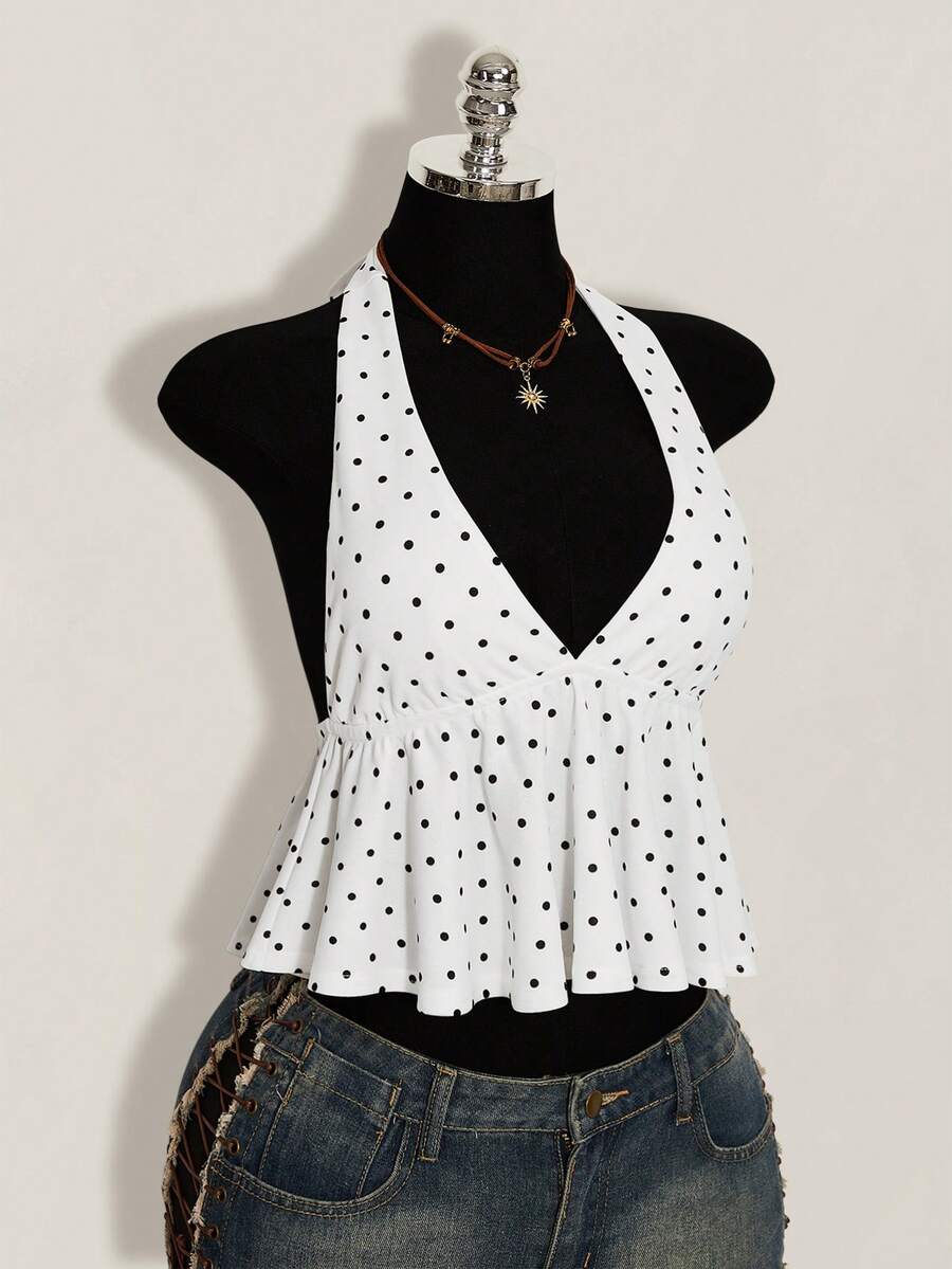 Women's polka dot print halter camisole with backless knot detail, ruched front, slim fit, and flared ruffle hem