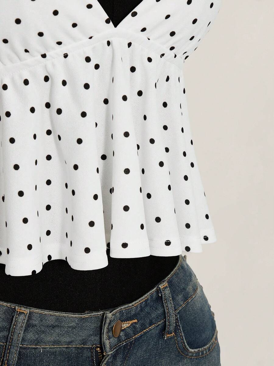 Women's polka dot print halter camisole with backless knot detail, ruched front, slim fit, and flared ruffle hem