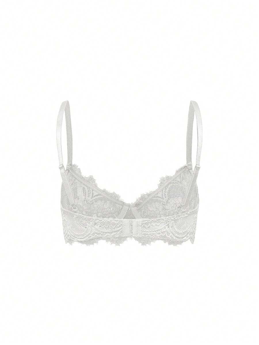Sheer floral lace underwire triangle bra for women featuring adjustable straps and plunge cup design.