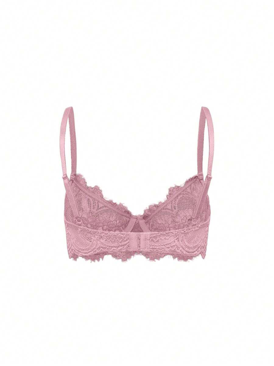 Sheer floral lace underwire triangle bra for women featuring adjustable straps and plunge cup design.