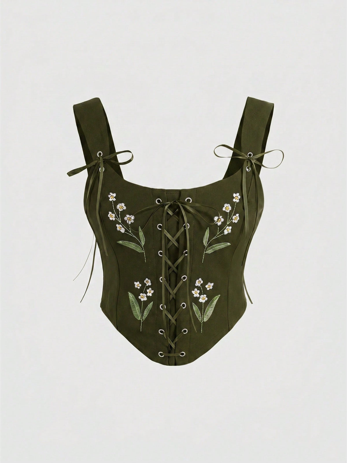 Women's fairycore boho floral print crop cami top with front lace-up grommet eyelets and asymmetrical hem