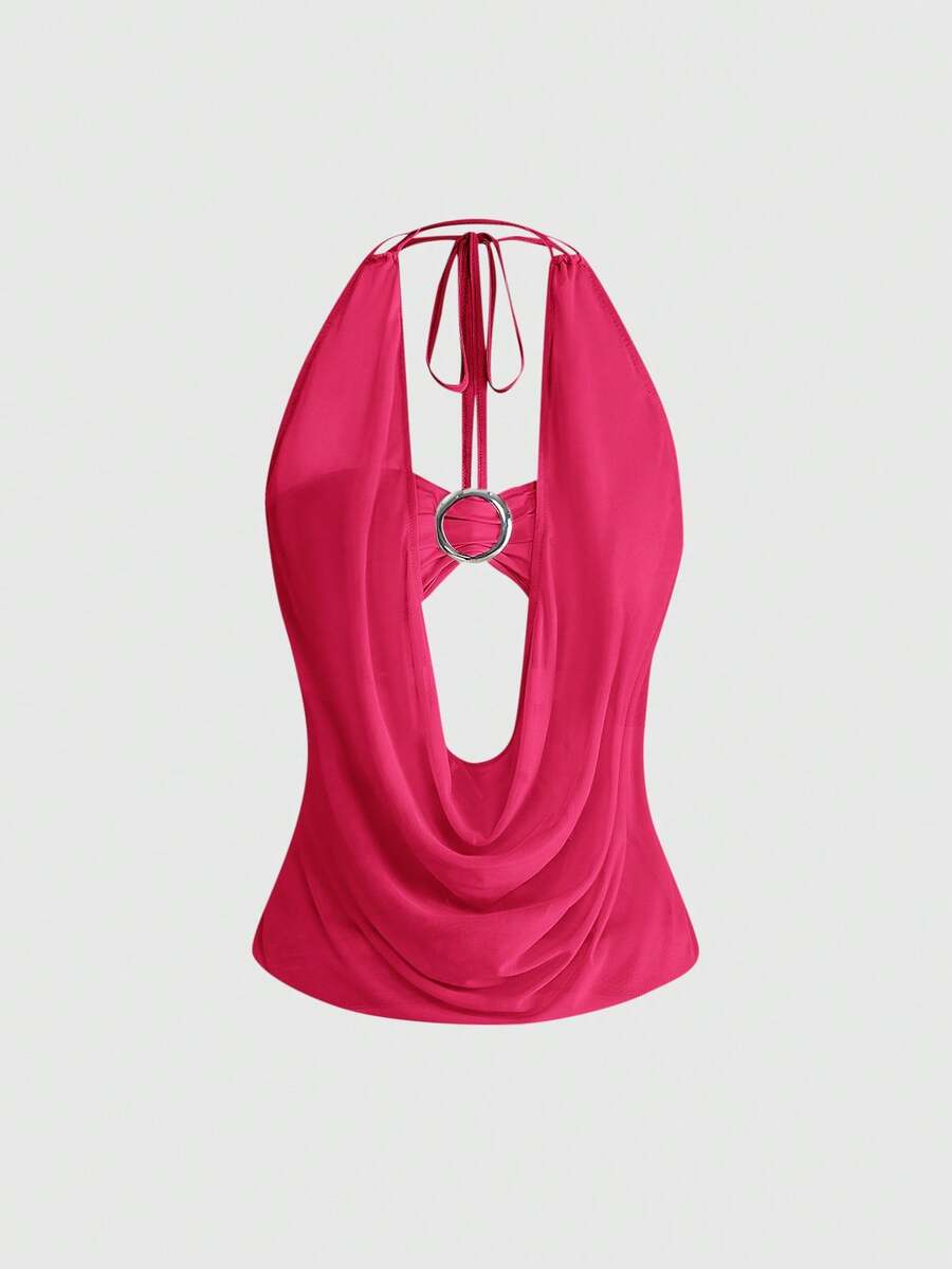 Women's Y2K retro crop tank top with draped halter neckline, cut-out detail, slim fit, and backless design