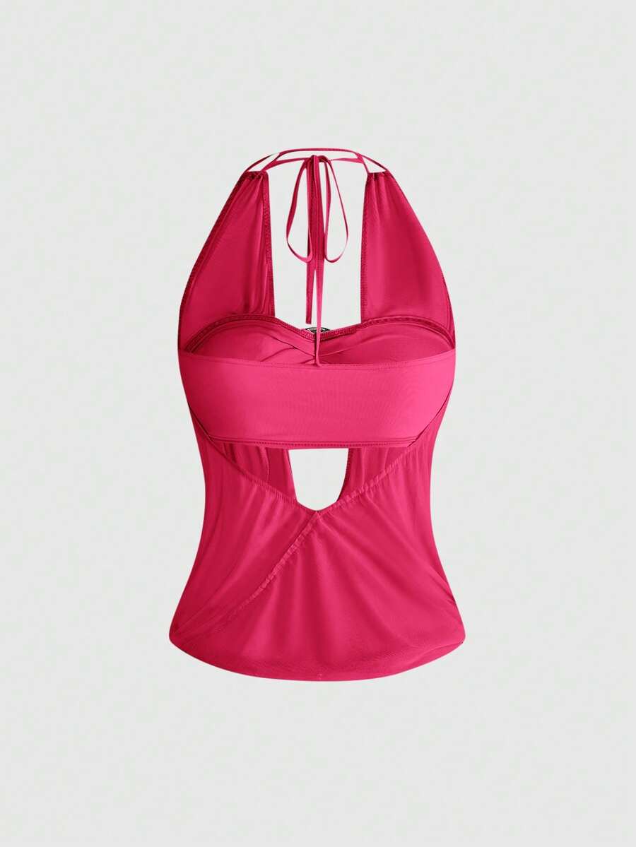 Women's Y2K retro crop tank top with draped halter neckline, cut-out detail, slim fit, and backless design