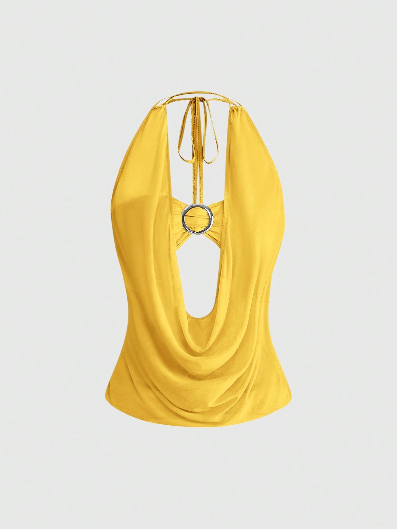 Women's Y2K retro crop tank top with draped halter neckline, cut-out detail, slim fit, and backless design