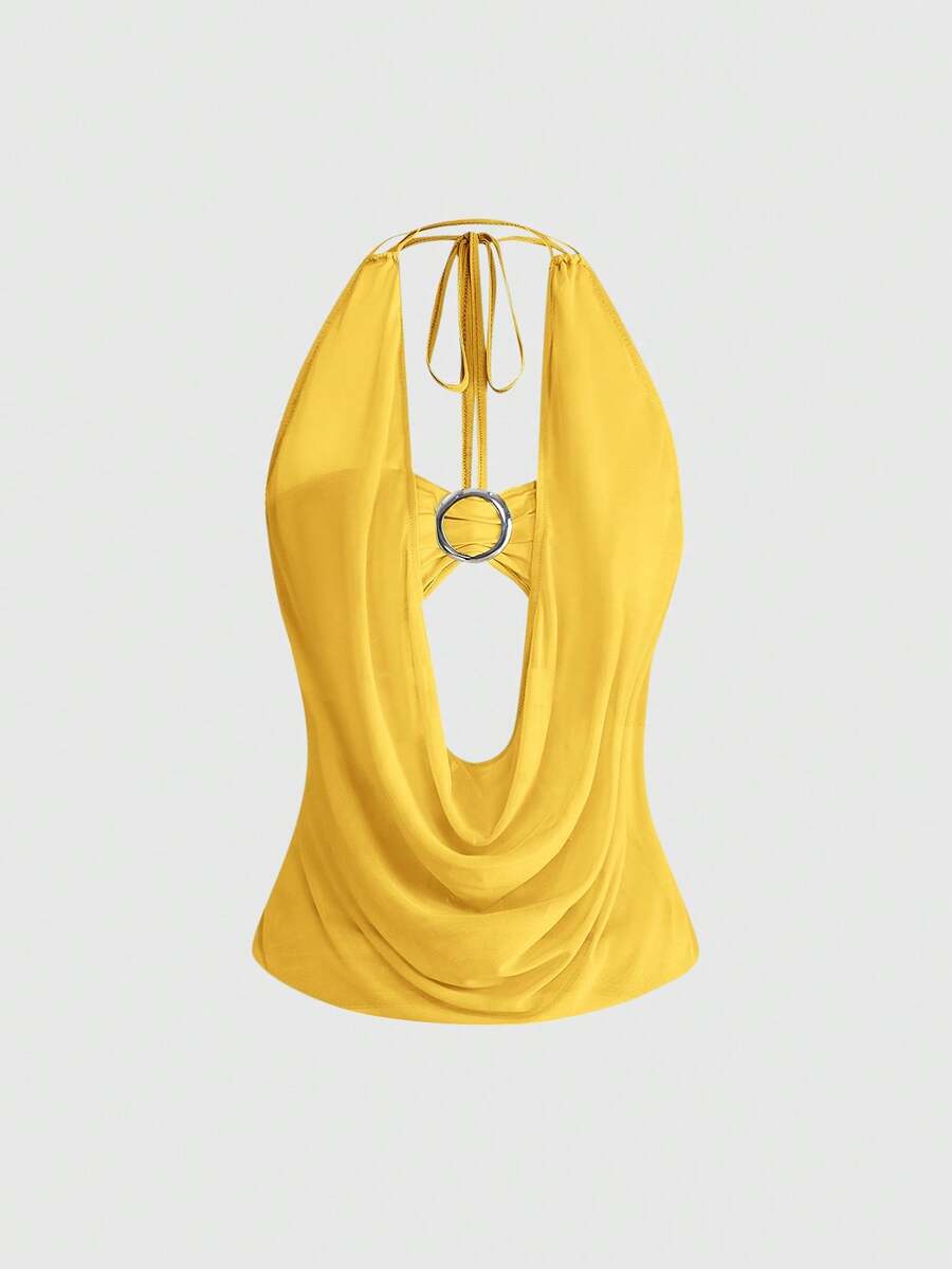 Women's Y2K retro crop tank top with draped halter neckline, cut-out detail, slim fit, and backless design