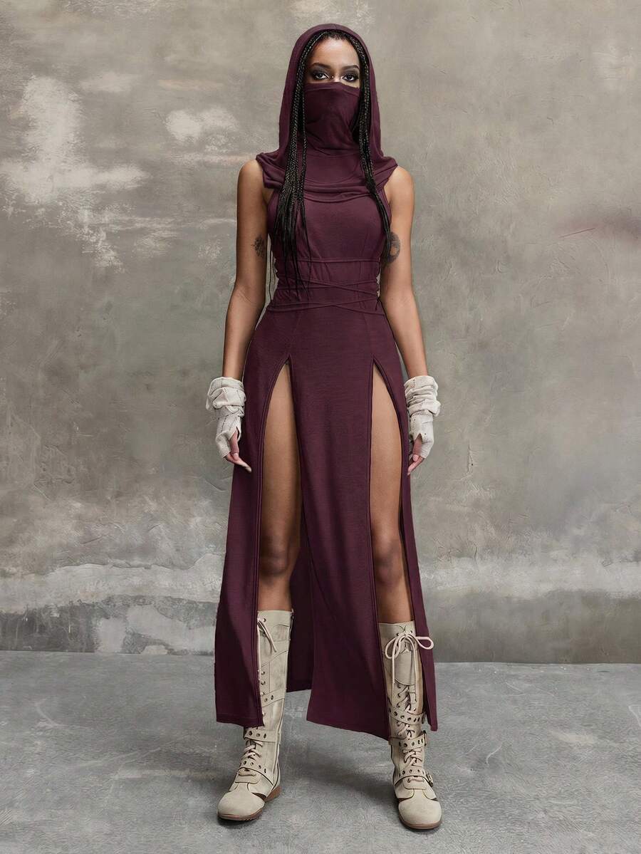 Women's sleeveless hooded maxi dress featuring a plunging neckline, backless design, and high thigh split in a lightweight knit fabric.
