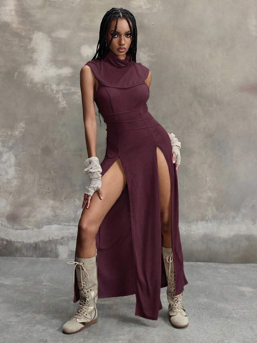 Women's sleeveless hooded maxi dress featuring a plunging neckline, backless design, and high thigh split in a lightweight knit fabric.