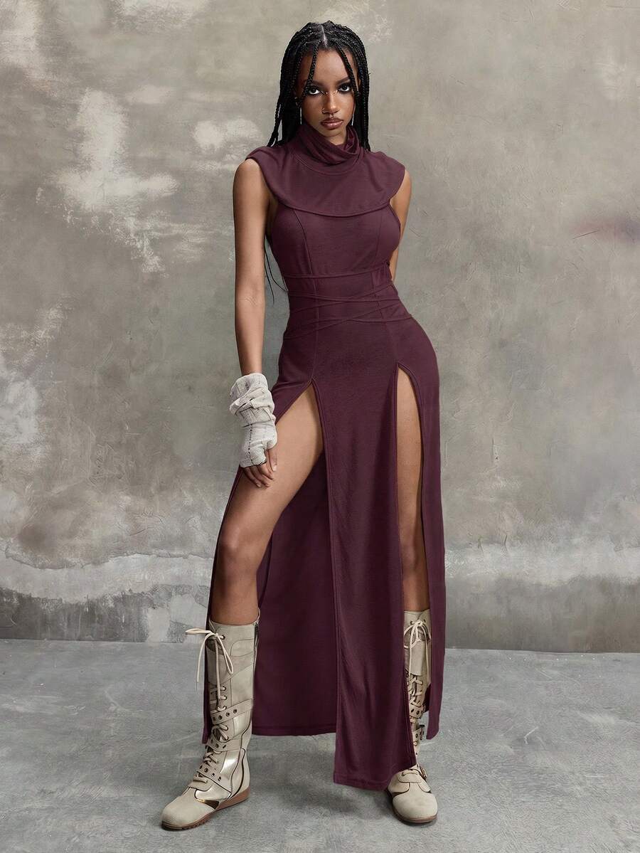 Women's sleeveless hooded maxi dress featuring a plunging neckline, backless design, and high thigh split in a lightweight knit fabric.
