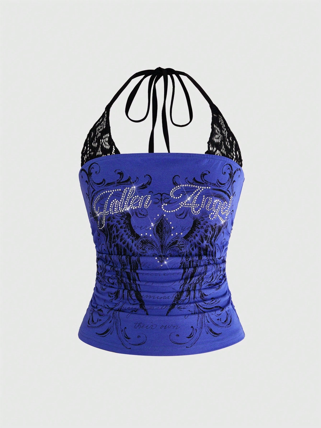 Women's cropped Y2K punk print halter cami top with contrast lace, backless knot detail, and slim fit knitted fabric