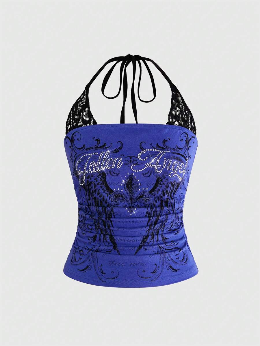Women's cropped Y2K punk print halter cami top with contrast lace, backless knot detail, and slim fit knitted fabric